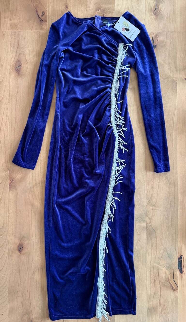 SHEIN Modely Velvet Long Sleeve Beaded Fringe Midi Dress Size S